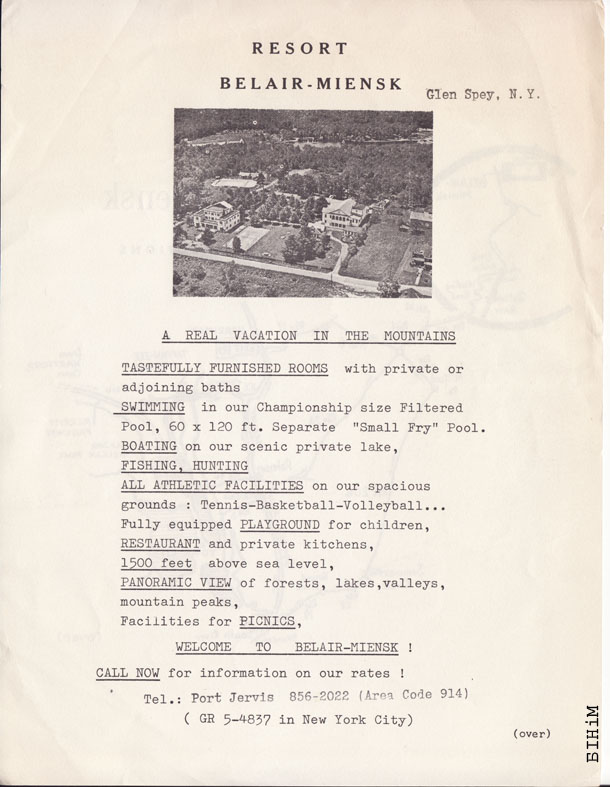 Рэкламная ўлётка пра беларускі адпачынковы цэнтр “Белэйр-Менск” у Глен-Спэй, штат Нью-Ёрк