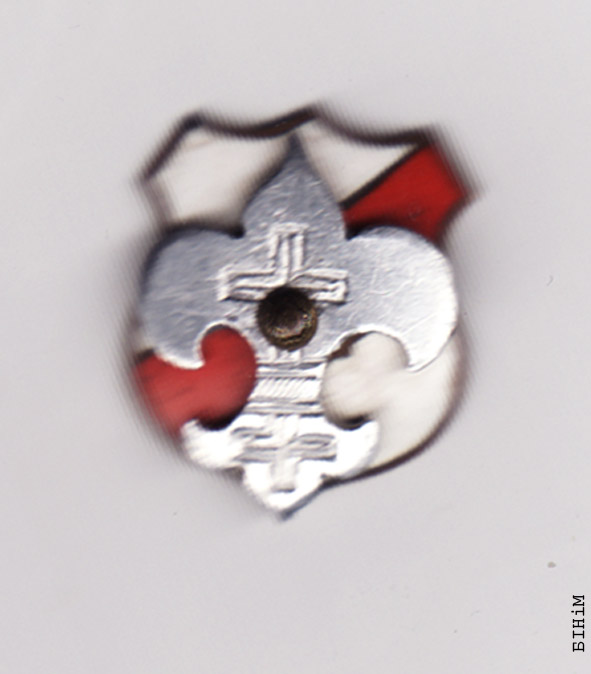 Скаўцкі значак у выглядзе бел-чырвона-белага шчыта й скаўцкай ліліі.